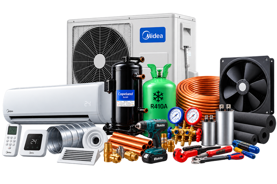 HVAC-R products: air conditioner, compressor, refrigerant, copper coil, fan, tools